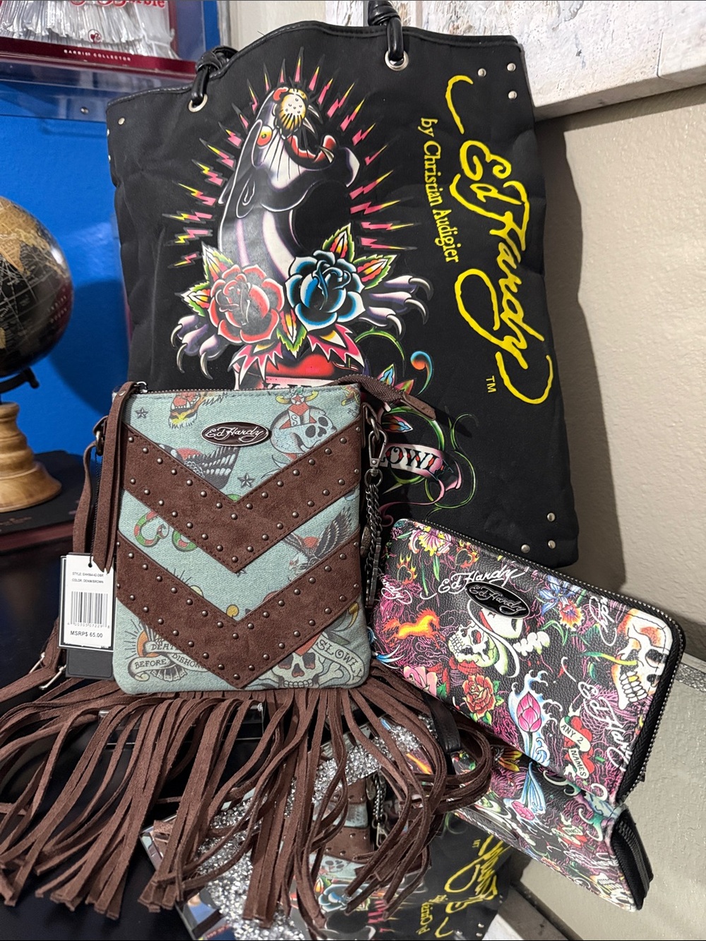 Ed Hardy Black Tote with Multicolor Tattoo Print